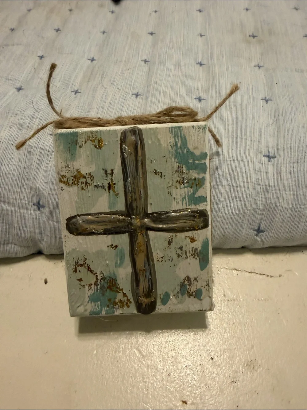 Hand-Painted Rustic Cross - Teal & White